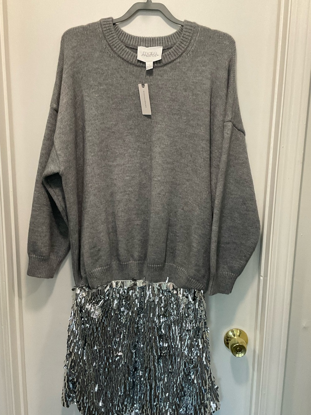 Gray Knit Sweater with Silver Sequin Fringe Hem